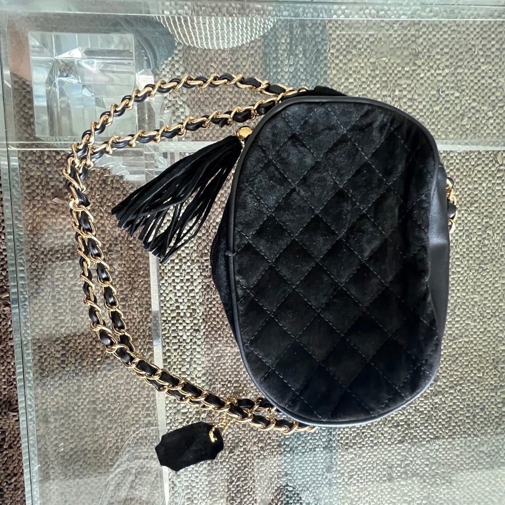 Bechamel Quilted Black Suede Leather Gold Chain Strap Crossbody Bag Purse